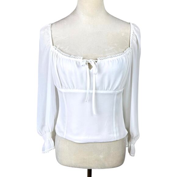Aritzia Wilfred Duke Blouse White Sheer Long Sleeve Cropped Smocked Peasant Top - Picture 1 of 14